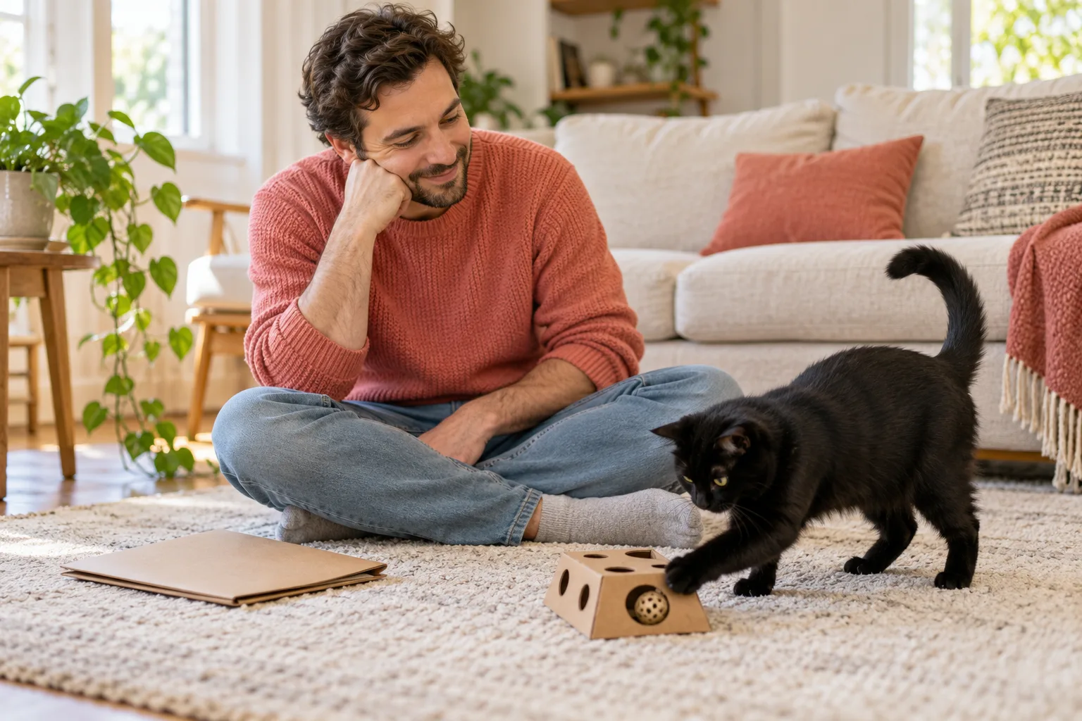Owner playing with a black cat on the floor at home